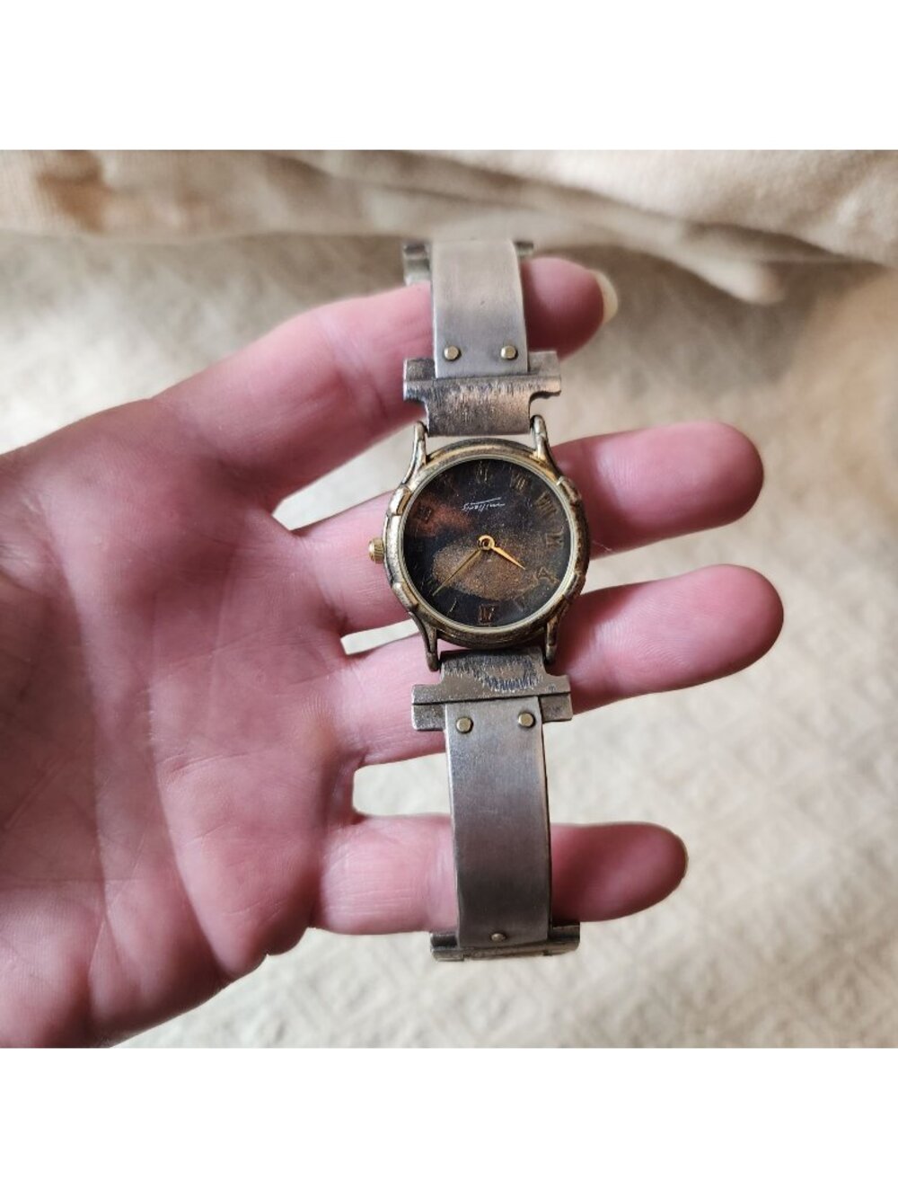 Handcrafted Watchcraft Eduardo Milieris Mixed-Metal Cuff Watch With Hand-Painted